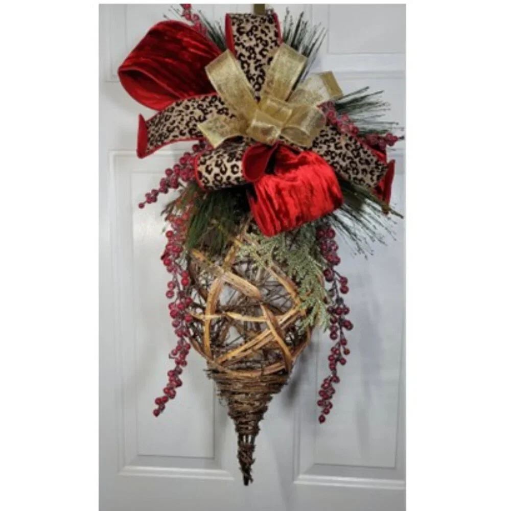 Jumbo Christmas Ornament Hanging Rattan Ornament Drop w Glam Bow, Winter Wreath